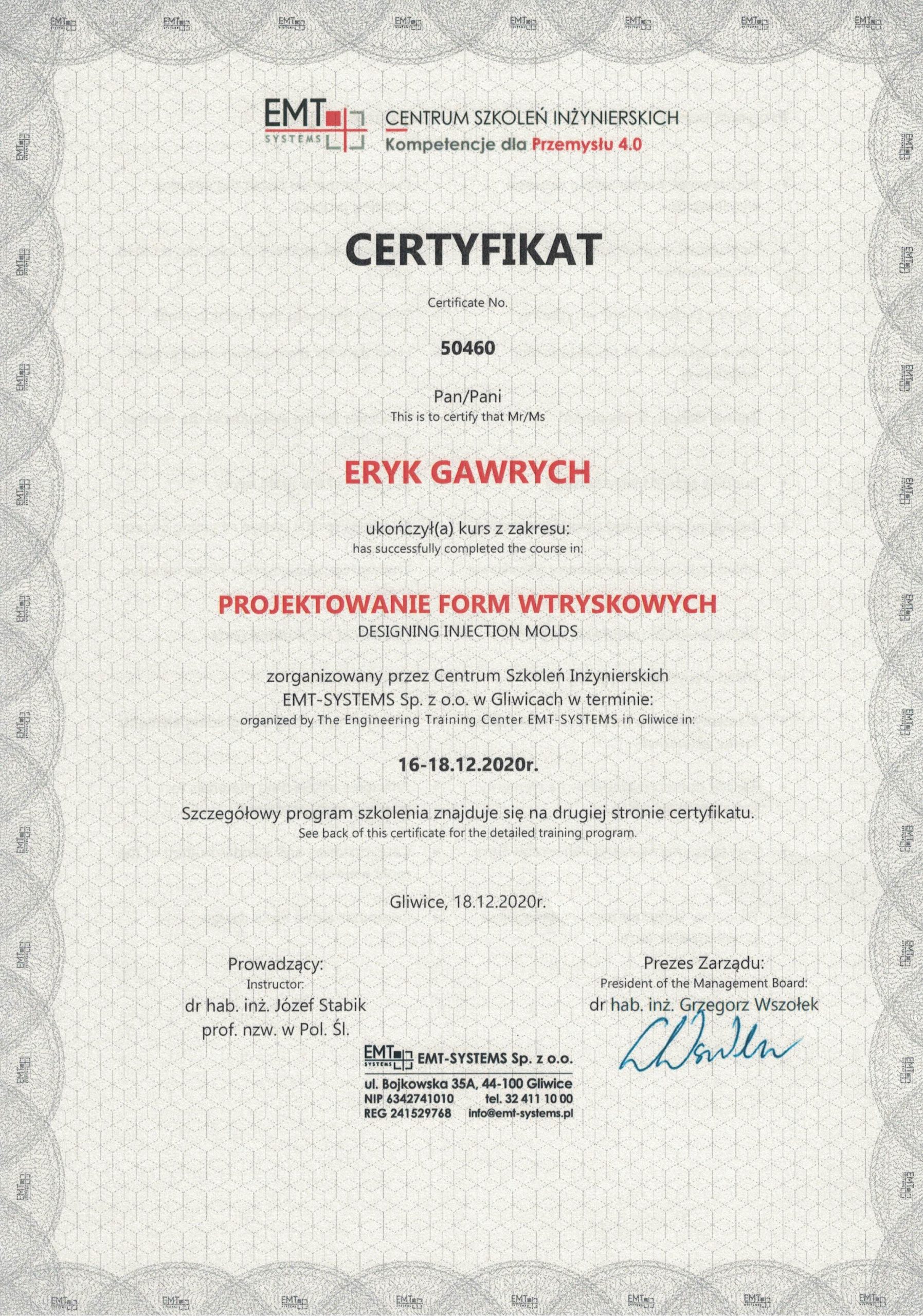 Certyfikat - projektowanie form wtryskowych Eryk Gawrych